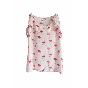 LOFT Flamingo Print Ruffle Neck Blouse Tank Top Size M Pink White